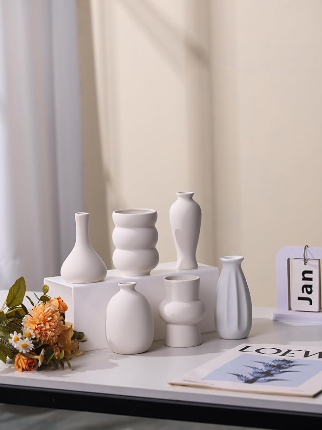 Set of 9 Ceramic Bud Vases for Pampas Grass Flowers, Small Vases in Bulk for Centerpieces Boho Vases for Wedding Decorations Neutral Living Room and Bedroom Decor DIY Gift (White-3)