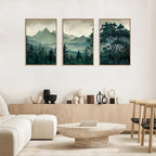 HLNIUC Green Foggy Forest Framed Canvas Wall Art Set,Watercolor Boho Pine Tree Wall Decor,Modern Misty Mountain Scenery Art Print,Nature Landscape Wall Painting for Living Room,Bedroom - 16”x24”x3