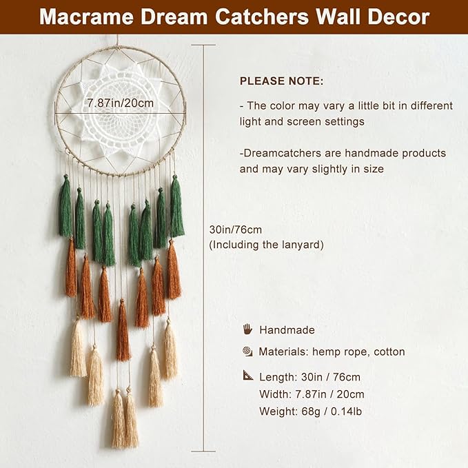 Artilady Macrame Dream Catchers for Bedroom - Tassel Wall Hanging Handmade Dreamcatchers Home Decor with Tassel Feather Ornament Craft Blessing Gift (Green Mix)
