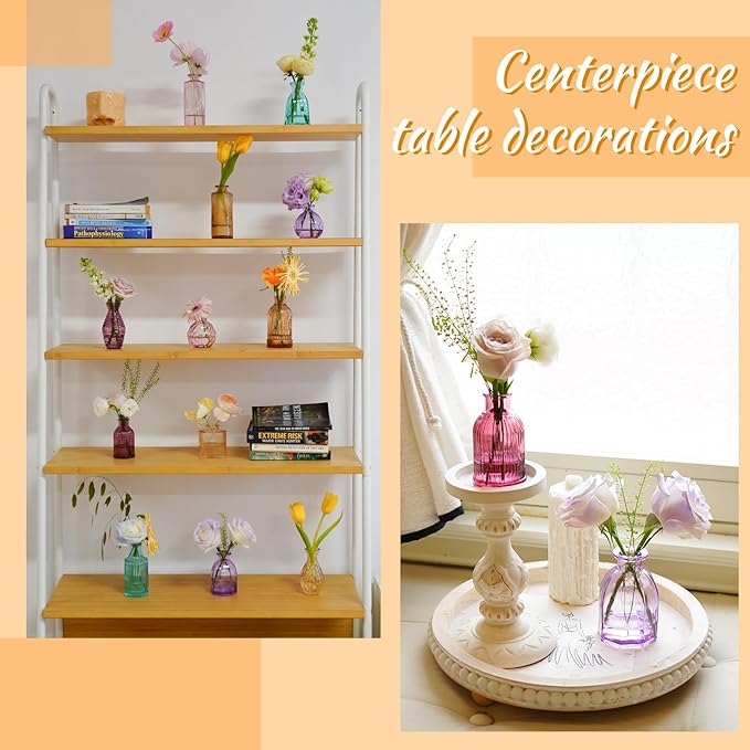 12PCS Mixed Colored Bud Vases Small Glass Vases for Flowers Colorful Vintage Flower Vase for Centerpieces Aesthetic Glass Bottles Bulk Wedding Baby Shower Home Decorations Gifts