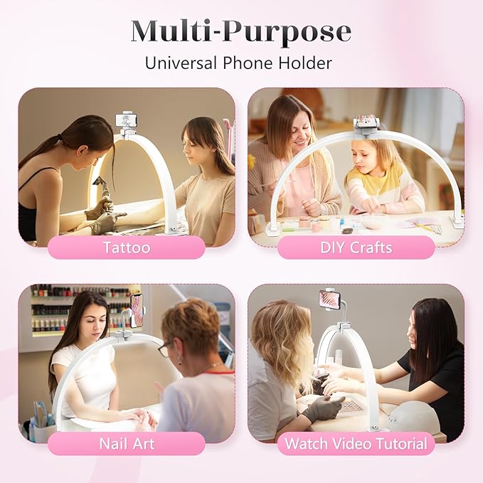 Yokilly Half Moon Light for Nail Desk: 29" Foldable Half Moon Desk Lamp with Phone Holder for Beginner - Arch Nail Tech Light with 3 Color Modes & 10 Brightness for Manicure Salon (White, Large)