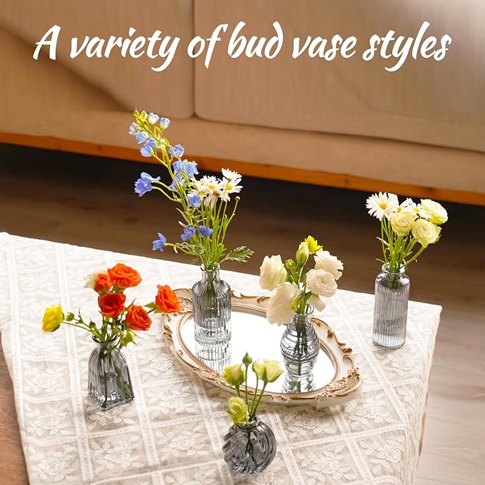 Bud Vases Set of 12, Black Vase Small Glass Vases for Flowers Modern Ribbed Amber Glass Bud Vase for Decor Flower Vase in Bulk Vintage Decor Boho Wedding Centerpieces Rustic Home Table Decoration