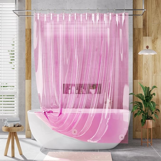 AmazerBath 72x78 Long Shower Curtain Liner, Clear Pink Plastic Shower Curtain Liner, Waterproof PEVA Shower Liner, Cute Lightweight Shower Curtains for Bathroom with 3 Magnets & 12 Rustproof Grommets