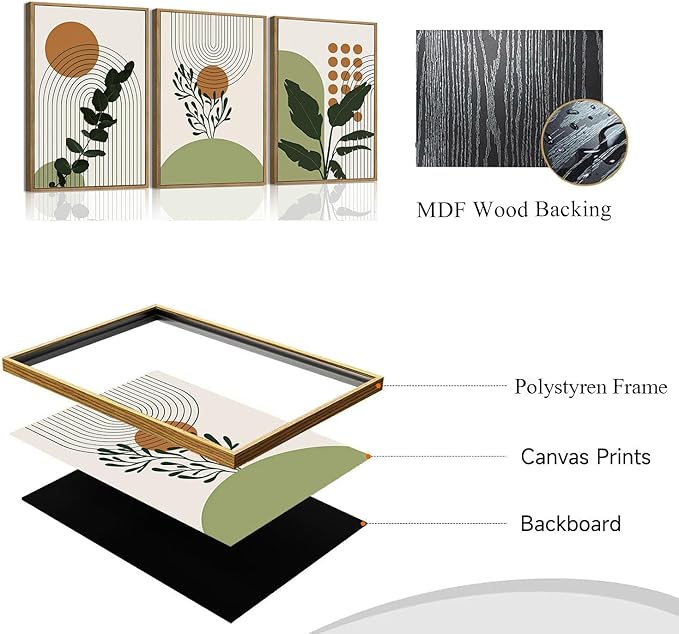 Bwodke Boho Wall Art, Framed Abstract Wall Art, Botanical Canvas Wall Decor, Mid Century Plant Leaf Geometric Pictures Set of 3, Minimalist Paintings, for Bedroom Living Room Bathroom 16"x24"