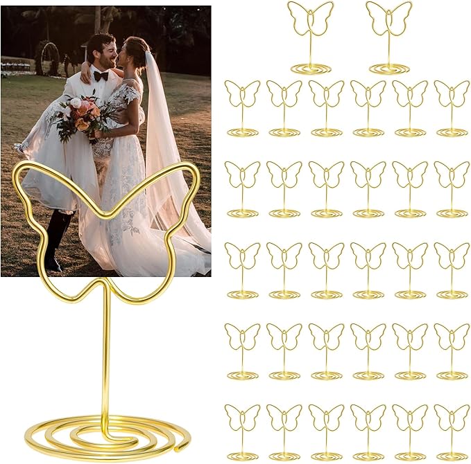 32pcs Gold Table Number Holders, Butterfly Picture Holders For Tables, Elegant Wire Place Card Holders & Table Card Holders For Wedding, Graduation, Party, Centerpiece Decor