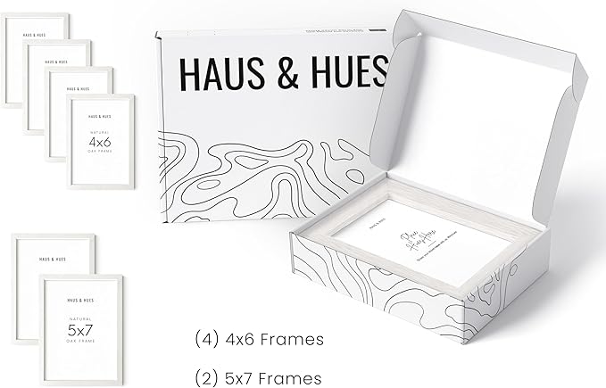 HAUS AND HUES White Oak Wood Gallery Wall Tabletop Frames Made with Real American Oak and Shatter-free Plexiglass - Set of 6 (Four 4x6, Two 5x7, Framed White)