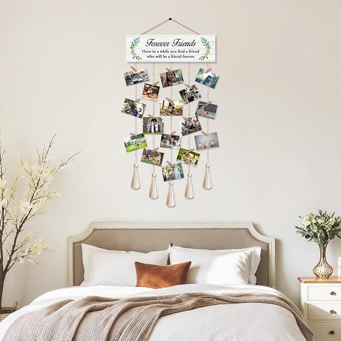 Forever Friends Hanging Photo Display Board with 16 Clips 5 Strings,Rustic Style Picture Collage Frames Wall Decor Wood Hanging for Home Dorm Décor,Housewarming Gifts for Friends Besties