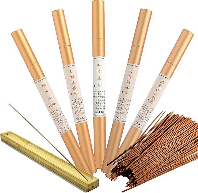 Chinese Incense Sticks Gift Set - Pack of 5 (100 Sticks) with Incense Holder, Sandalwood Incense, Osmanthus Incense, Plum Blossoms Incense, Cypress Incense, Goose Pear Insence-Sticks