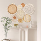 Boho Wall Basket Decor Set of 8 - Flat Woven Basket Wall Hanging Decor,Round Tassels White Macrame Tapestry Wall Decor Art,Handmade Rattan Wicker Seagrass Home Wall Baskets Decor（Boho Classic)