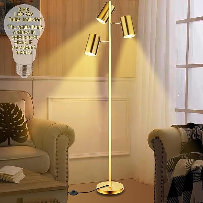 Tree Floor Lamp with 3 Light Bulbs,Gold Standing Tall Pole Lamp with 3 Adjustable Rotating Lights,Farmhouse Floor Lamp for Living Room Bedroom Office,Vintage Standing Lamp 9W E26 LED Bulbs Included