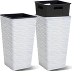 Worth Garden 2-Pack 22" H. White Square Tapered Planter with Inside Pots - Plastic Plant Pots for Indoor Outdoor - Modern Wavy Finish Decorative Flower Pots for Front Porch Containers Patio Deck