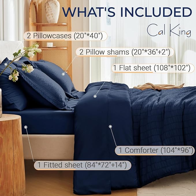 MUXHOMO 7 Pieces California King Comforter Set, Seersucker Bed in a Bag Cal King Size, All Season Luxury Bedding Set with Comforter, Flat Sheet, Fitted Sheet, Pillowcases & Shams, Navy Blue