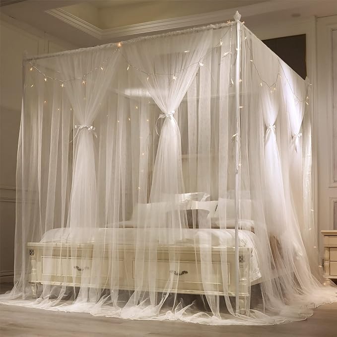 VETHIN 4 Corners Post Princess Bed Canopy Curtain Double Layer Cozy Drape Netting 4 Opening Mosquito Net for Girls & Adults Bedroom Decoration Accessories (Double White, 64" W*82" L*82"*H/(Queen))