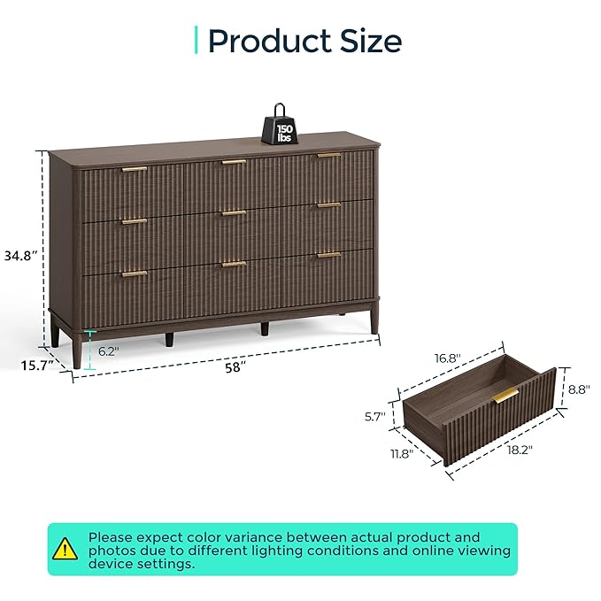 LINSY HOME Fluted Dresser for Bedroom with 9 Drawers, 58" Wide Mid Century Modern Dresser, Tall Boho Chest of Drawers, Large Wood Accent Storage Cabinet for Living Room, Curved Profile Design, Walnut
