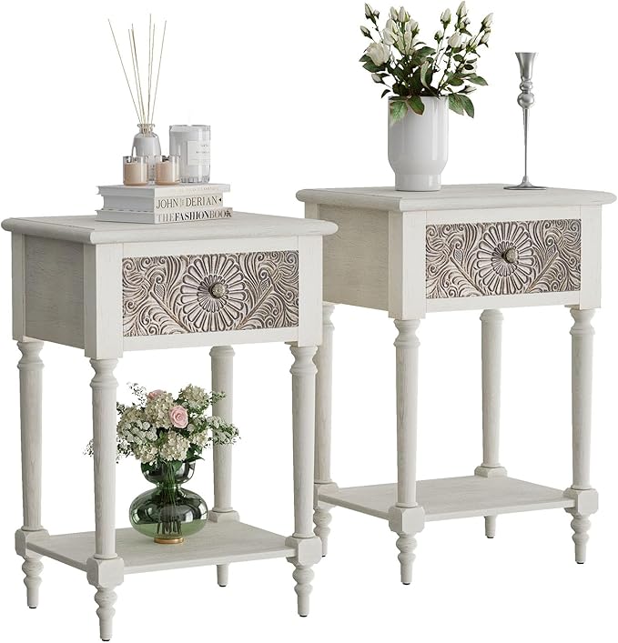 HOMPUS End Table Set of 2 with Drawer and Shelf, Vintage Nightstand Set 2 w Pattern Drawer, White Bedside Table, Accent Nightstand Organizer for Living Room, Bedroom, Easy to Assemble, Distress White
