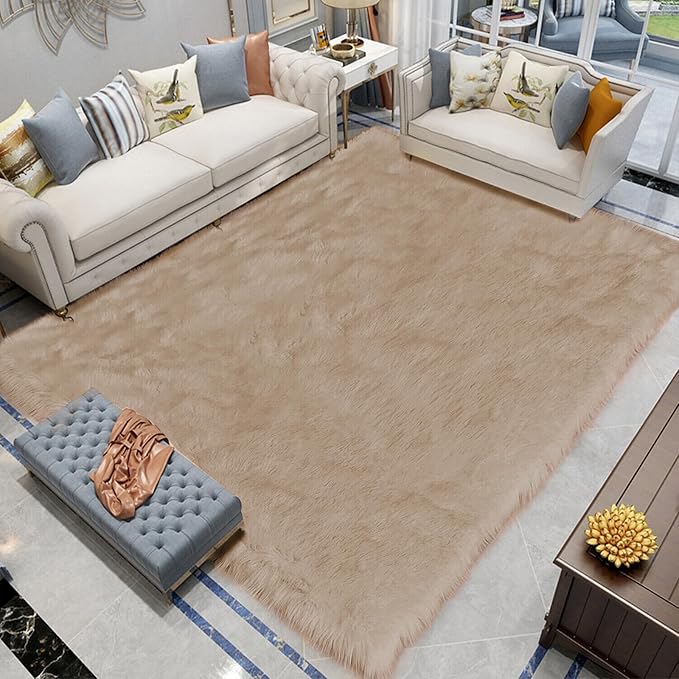 Latepis Shag Area Rug 6.7x10 Light Brown Beige Washable Faux Fur Fuzzy Rugs for Living Room Sheepskin Rugs for Bedroom Room Soft Accent Carpet Home Decor Rectangle