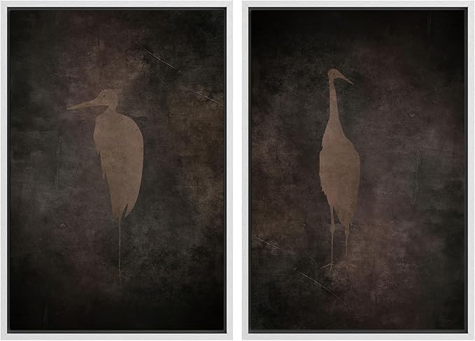 SIGNFORD Framed Canvas Print Wall Art Set Abstract Crane Silhouettes Vintage Dark Tones Illustration Modern Art Decorative Nordic Nature for Living Room, Bedroom, Office - 24"x36"x2 White