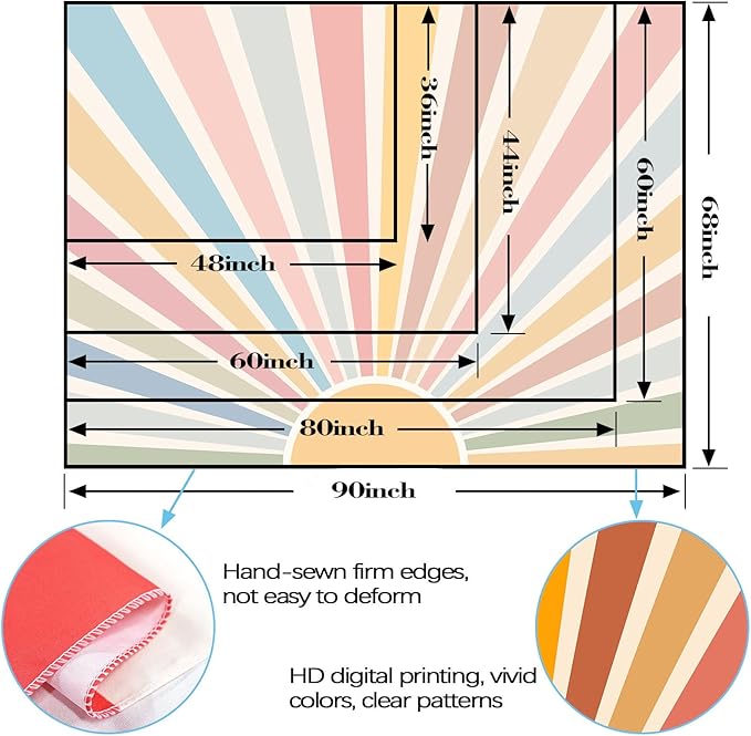 Kanuyee Boho Burning Sun Tapestry Wall Hanging, Retro 70s Abstract Vintage Geometric Rainbow Sunrise Tapestries for Bedroom Living Room Backdrop 60×80 inch