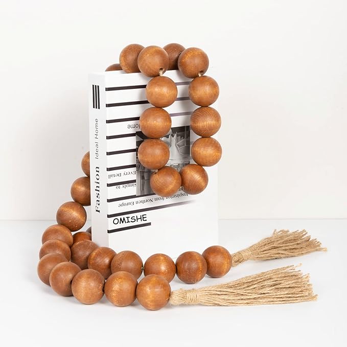 OMISHE 60" Long Extra Large Wood Bead Garland with 1.6" Diameter Wooden Beads and Tassels, Rustic Farmhouse Country Decorative Beads for Home Decor Tiered Tray Decor, Brown