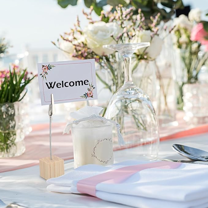 20 Pcs Cube Base Memo Clip Holder with Alligator Clip Wood Table Number Holder Cube Base Place Card Stand Mini Photo Menu Stand for Displaying Number Card (Light Wood Color)