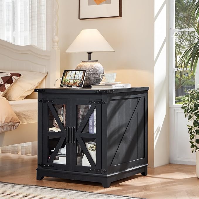 Farmhouse End Table with Charging Station Set 2, 24" Large Sofa Side Table with Glass Barn Door, Nightstand with Adjustable Storage Shelf,Wood Square Bedside Table for Living Room,Bedroom