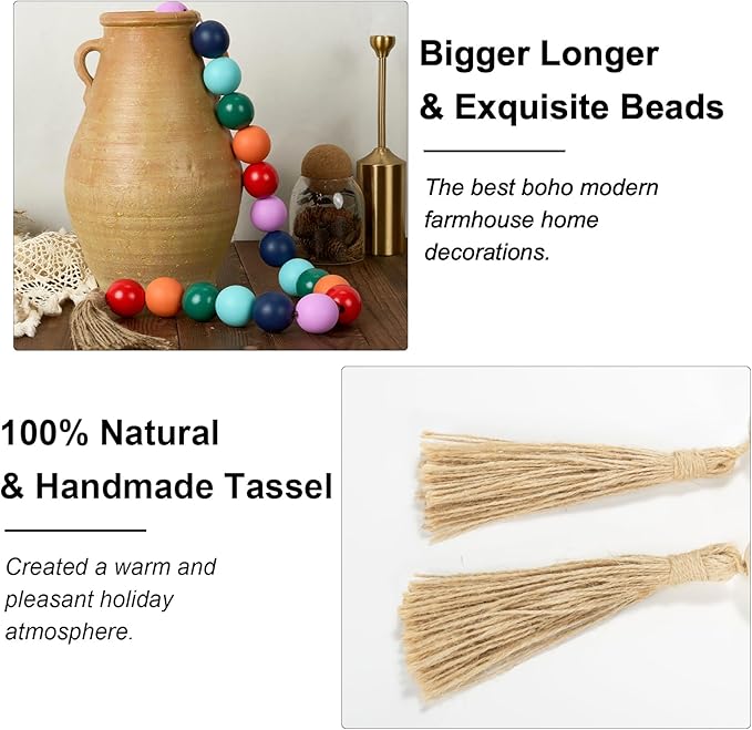 OMISHE Extra Large Wood Bead Garland Colorful with 1.6" Diameter Wooden Beads and Tassels, 41" Long Rustic Farmhouse Country Decorative Beads for Home Tiered Tray Decor, Colorful