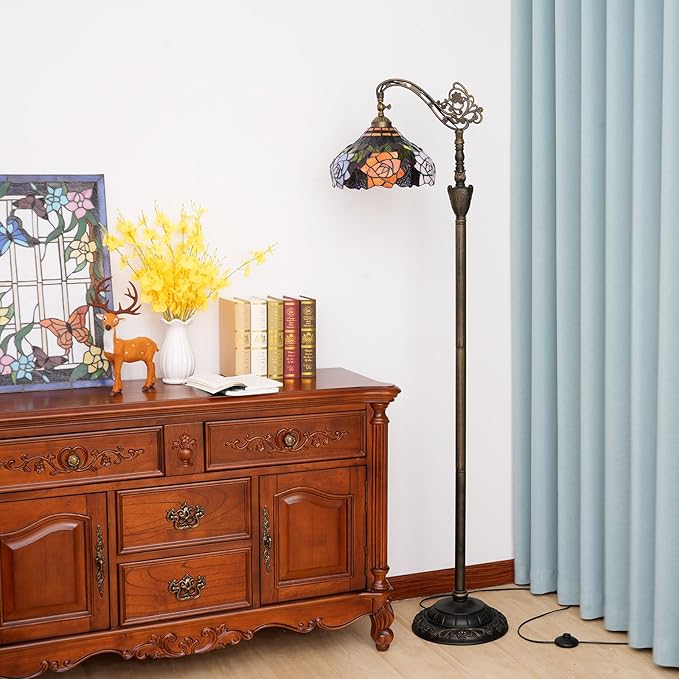 Tiffany Floor Lamp Vintage Standing Lamp Rose flowers Style Stained Glass Floor Light Rustic Corner Gooseneck Floor Lamp with Adjustable Angle for Home Decor Living Room Bedroom 12X12X63 Inches