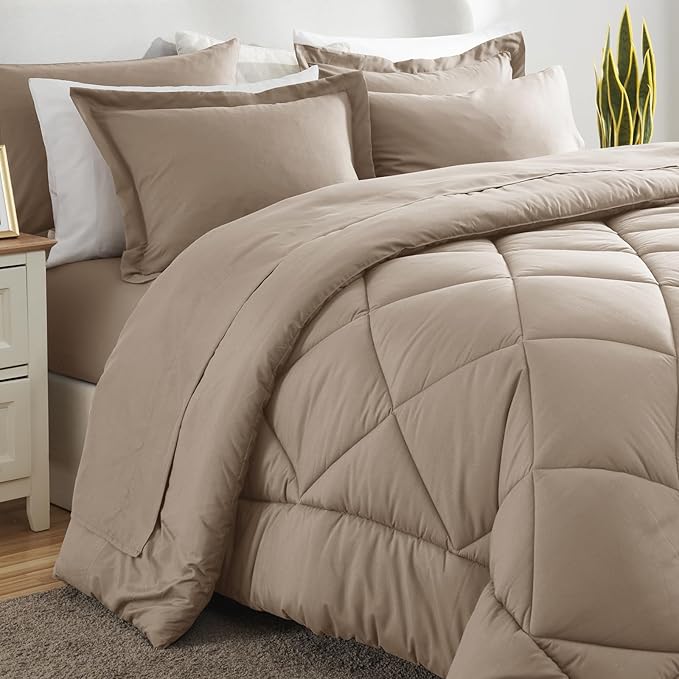 CozyLux King Size Comforter Set Khaki - 7 Pieces Bed in a Bag King, Luxury Soft Bed Set for All Seasons, Bedding Set with Down Alternative Comforter, Sheets, Pillowcases & Shams