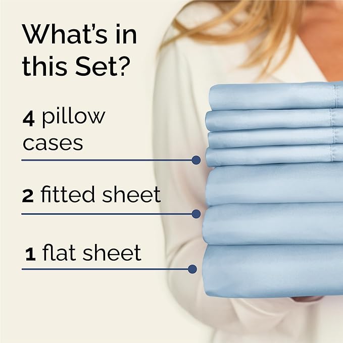 Split King Sheets Set 7 Piece - Includes 4 Pillowcases - Bed Sheets Split King - Soft Hotel Luxury Bedding - Cooling, Comfy & Breathable - 1 Flat & 2 Fitted & 4 Pillowcases w/ Deep Pockets - Sky Blue