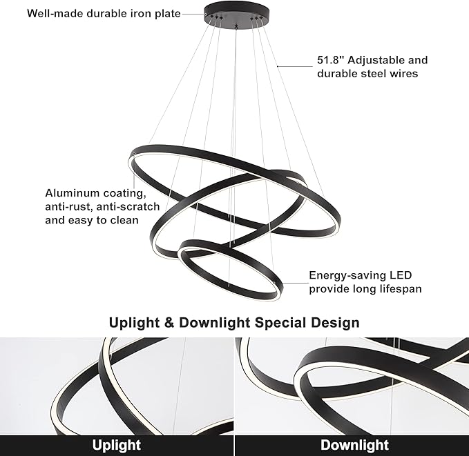 Modern Pendant Chandelier, 15.7"-31.4" Black, 3000K High Ceiling Foyer Entryway Light