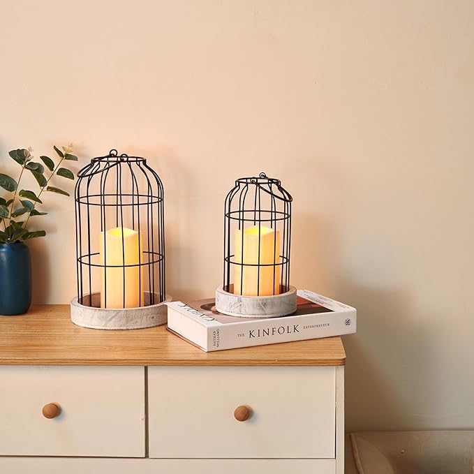 PHOSPHOR Rustic Farmhouse Decor Lantern Set of 2 Modern Farmhouse Decorative Indoor for Kitchen Fireplace Centerpiece Table Dinning Living Room