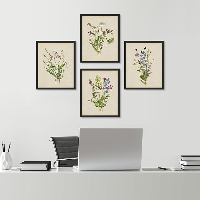 SIGNWIN Framed Watercolor Floral Botanical Wall Art, Set of 4 Vintage Wall Decor Prints, Minimalist Wall Décor for Living Room, Bedroom - 11"x14" Black