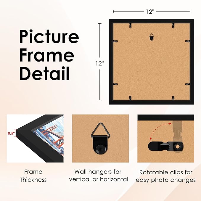 FIXSMITH 12x12 Picture Frame Set of 1, Photo Frame with HD Plexiglass, Display Pictures 8x8 with Mat or 12x12 Without Mat, Black Picture Frames Collage Wall Decor, Gallary Wall Frame
