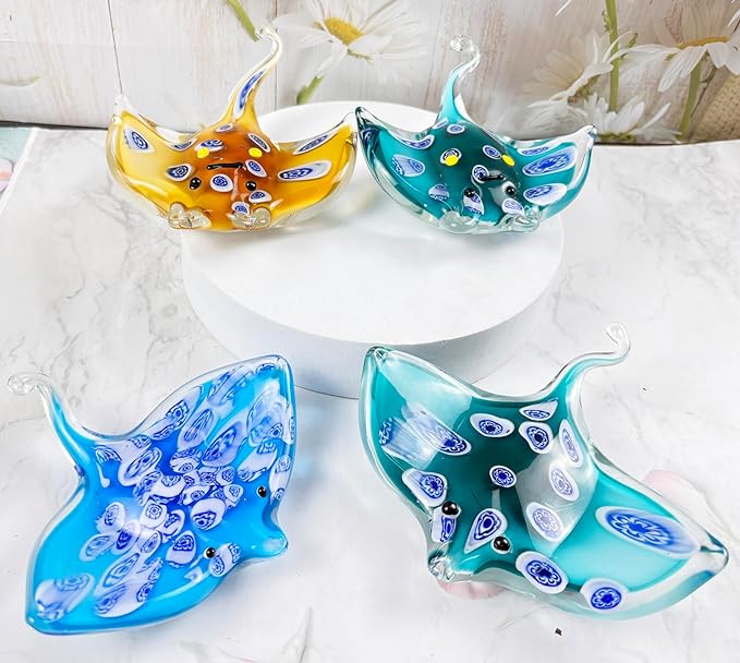 Crystal Devil Fish Figurine Hand Blown Glass Manta Ray Statue Collectibles Ocean Art Sea Animal Home Table Decor Gift Blue 4.7''