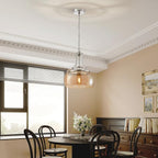 WUZUPS Nickel Chandelier Rustic Farmhouse Industrial Round Ceiling Pendant LED Light Fixture with Amber Glass Shade for Dining Room Kitchen Island Foyer Entryway, H 17" W 13.4", E26 Base