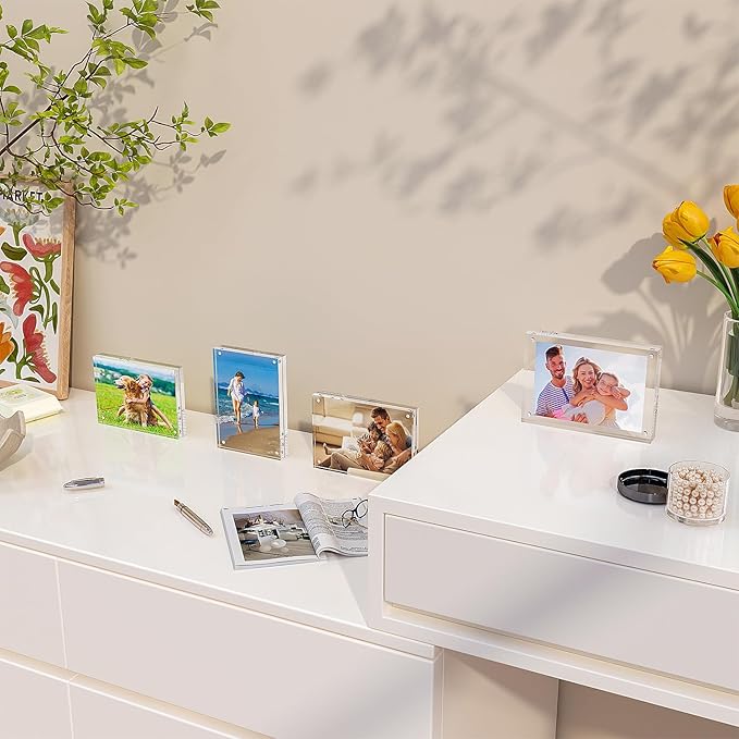 Acrylic Frame 4x6 Inch 5pack, Clear Acrylic Picture Frame with Thickness 10+10mm, Transparent Magnetic Picture Frame with Double Sided Free Standing, Framless Tabletop Photo Frame for Family