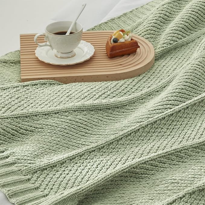 Amélie Home Chenille Knit Throw Blanket for Couch, Chevron Texture Decorative Soft Blanket for Sofa, Bed & Chair, 60"x80", Sage Green
