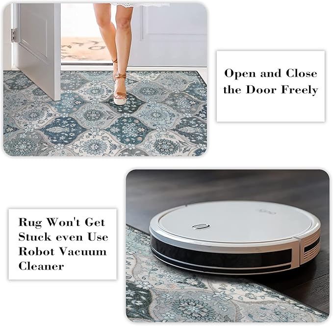 Lahome Moroccan Trellis Round Area Rugs, Washable Small Round Rug 3ft Non-Slip, Soft Vintage Ultra-Thin Circle Carpet for Bedroom Entryway Kitchen Laundry Bathroom, Blue