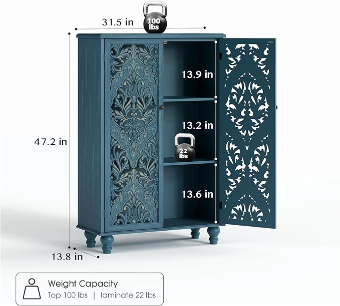 47" Tall Accent Cabinet with Doors and Shelves, Storage Cabinet with Solid Wood Legs for Living Room,Entryway,Dining Room,Bedroom,Blue