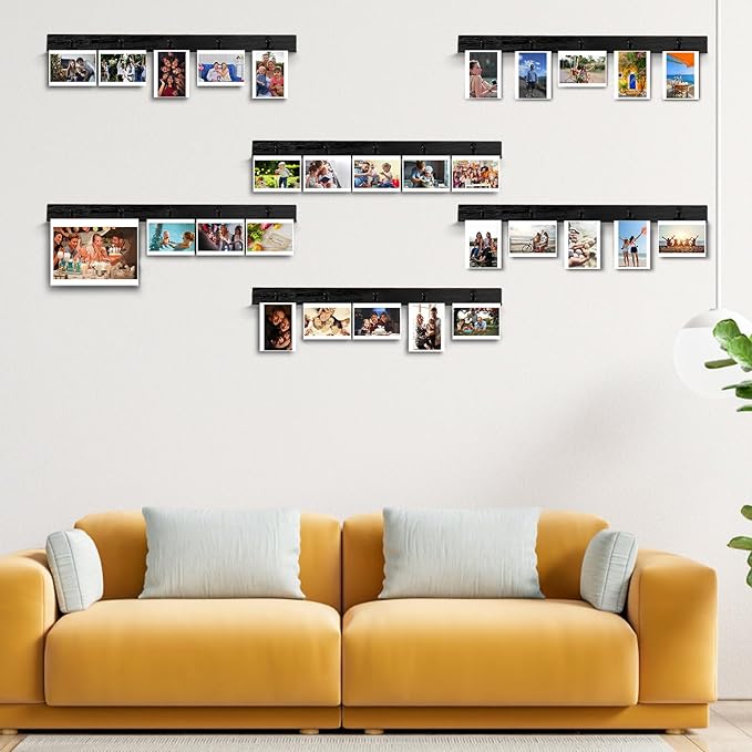 6 Picture Frames Collage Wall Decor With 30 Clips, Wood Photo Frame, No Drilling Required, Adhesive Stickers, Easy to Install, Black.