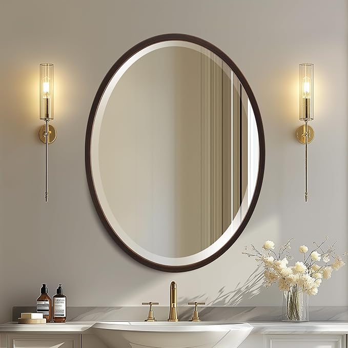 OVALCREST - Oval Wooden Beveled Wall Mirror for Home Decor, Bathroom, Vanity, Bedroom, Living Room, Hallway - London Style (Rubbed Bronze) 21.1 x 31.1
