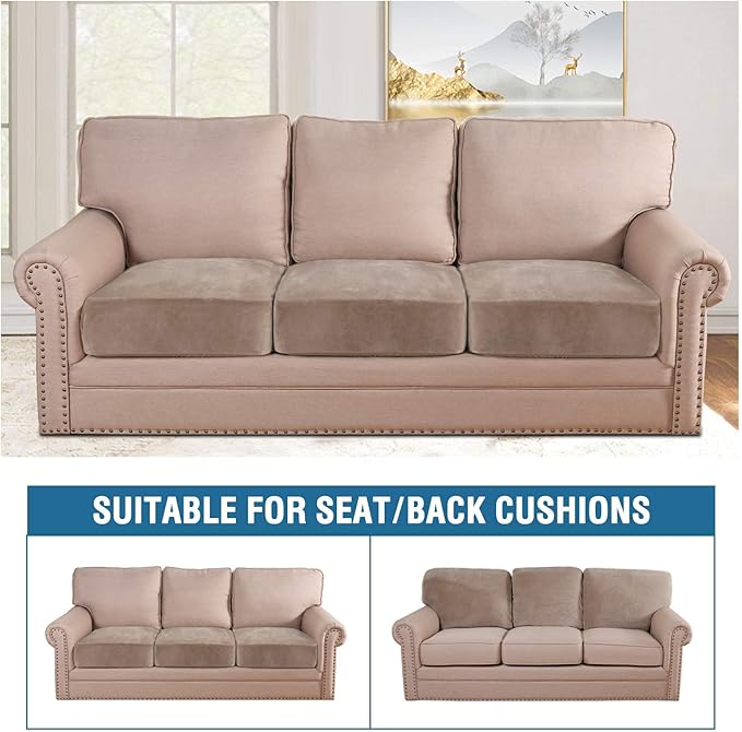 H.VERSAILTEX Velvet Stretch Couch Cushion Cover Plush Cushion Slipcover for Chair Loveseat Sofa Cushion Furniture Protector Seat Cushion Sofa Cover (3 Piece XL Sofa Cushion Covers, Taupe)