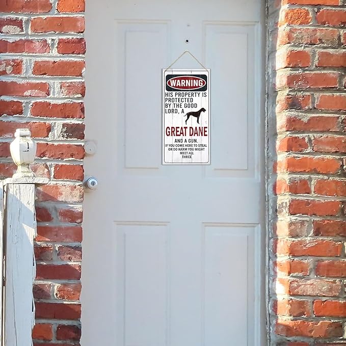 Warning Sign, This Property Is Protected By The Goodlord, A Great Dane And A Gun Warning Wood Plaque Sign, Funny Door Signs, Decorative Wood Hanging Suspension Plaque, Farmhouse Wooden Wall Decor