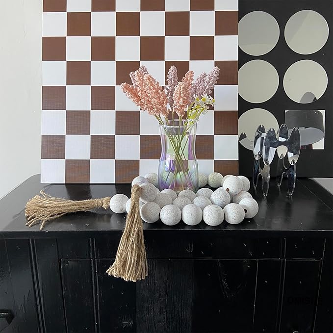 OMISHE 60" Long Extra Large Wood Bead Garland with 1.6" Diameter Wooden Beads and Tassels, Rustic Farmhouse Country Decorative Beads for Home Tiered Tray Decor, Rustic White