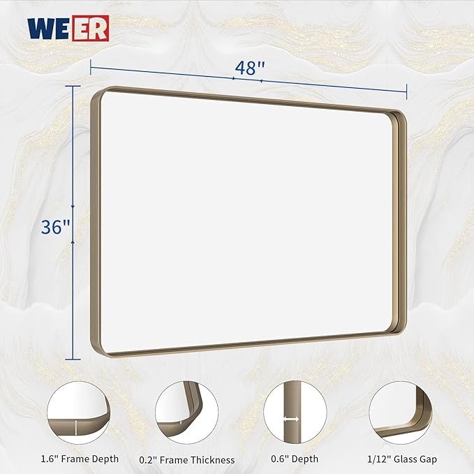 WEER Bronze Bathroom Mirror 48x36 Inch, Farmhouse Oil Rubbed Bronze Mirror for Wall, Aluminum Alloy Brushed Bronze Metal Frame Mirror for Vanity, Tempered Glass, Anti-Rust (Horizontal/Vertical)