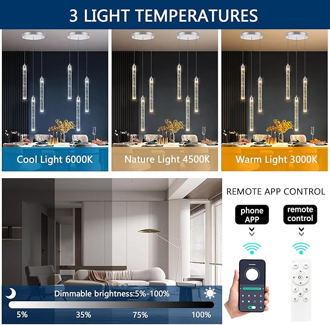 Mini Chandelier Crystal Pendant Lights Integrated LED Pendant Light Fixtures Kitchen Island Chandeliers Pendant Lighting for Dining Room Bubble Chromed Finished Ceiling Hanging Lights 2700K 6000K