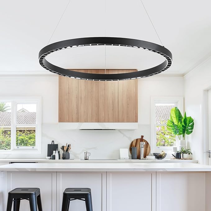 Black Modern LED Chandelier 1-Ring Circular Pendant Light 6000K 36W Dimmable Hanging Light Fixtures for Dining Room Kitchen Island Bedroom Living Room Foyer Stairway