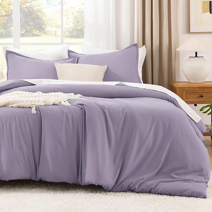 Litanika Grayish Lavender Purple Comforter Set Queen Size, 3 Pieces Lightweight Solid Bedding Comforter Set, All Season Fluffy Bed Set (90x90In Comforter & 2 Pillowcases)