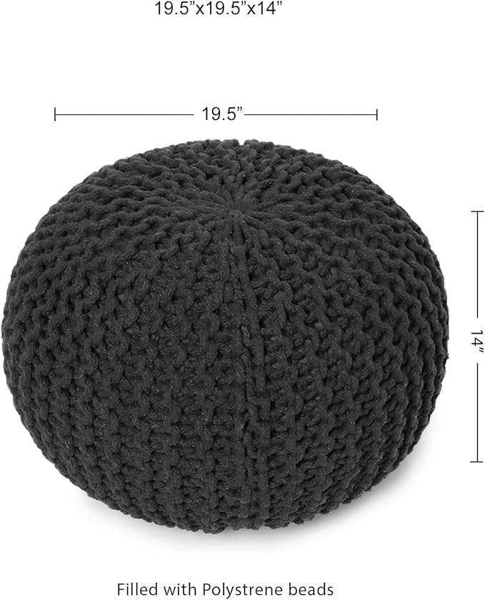 REDEARTH Round Pouf Foot Stool Ottoman - Cotton Hand Knitted Dori Pouffe - Cord Boho Home Décor - Stuffed Cable Poof for Living Room - Bedroom (19.5"x19.5"x14") - Dark Gray