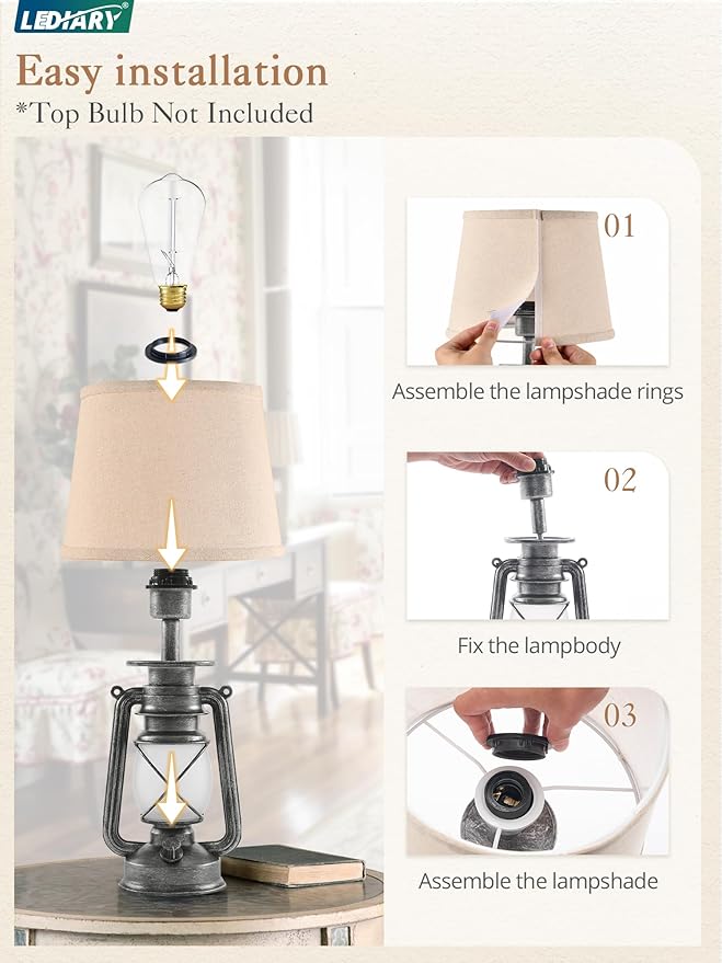 LEDIARY 18.72" Sliver LED Lantern Flickering Flame Table Lamps for Bedrooms Set of 2, Small Farmhouse Rustic End Table Lamps, Halloween Decorative Lantern Bedside Lamps for Living Room